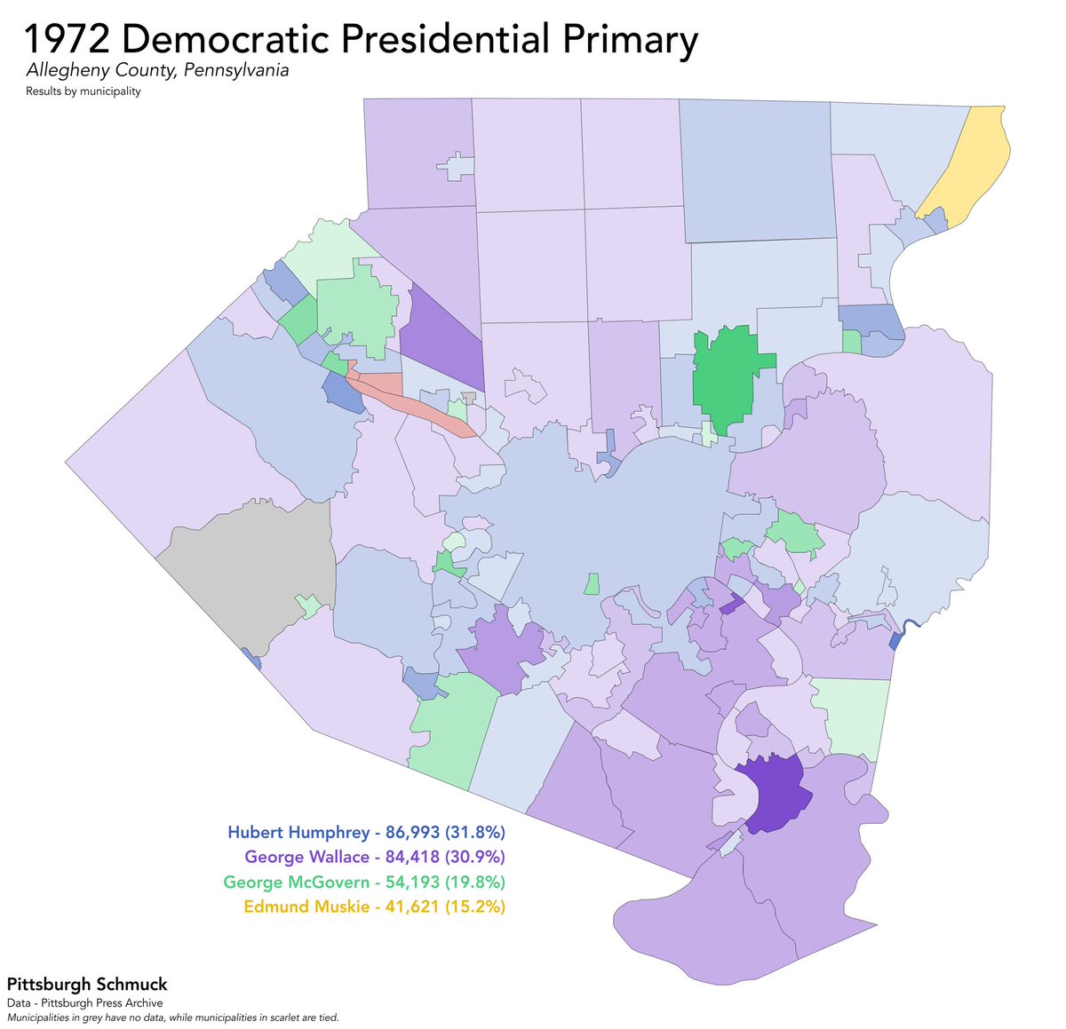 Behold - The 1972 Democratic Presidential Primary in Allegheny County Despite winning the overall nomination, McGovern came in third place here behind Humphrey and Wallace, with each candidate having their own interesting coalitions.