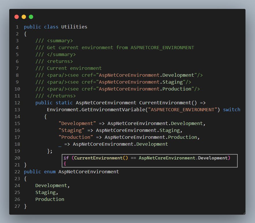 Writing code samples sometime there is a need for HasData in development environment, the following handles this. The enum resides in its own file.

#csharp #efcore