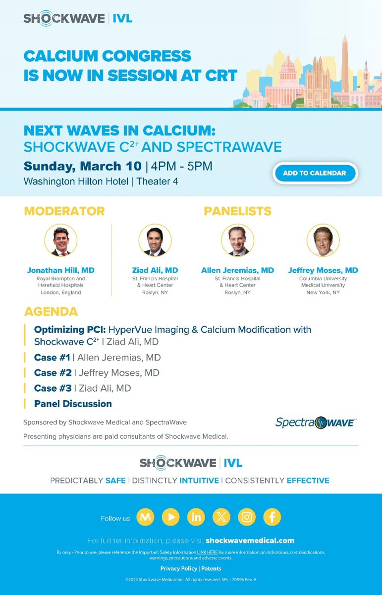 ShockwaveIVL's tweet photo. Join us this evening at #CRT2024 to witness the next generation of Ca++ modification! Drs @DrJMHill @ziadalinyc @DrAllenJ & @JWMoses show the efficacy of #ShockwaveC2plus visualized by @SpectraWAVE_Med #DeepOCT in this case-based session.
US Rx only. ISI https://t.co/sZ0NdzXNcV https://t.co/w5oRsRD0j7