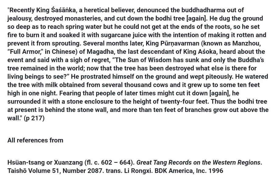 codezilch's tweet photo. @NamitArora0 @tishasaroyan Tell the next part of the story as described by Huan-Tsang. Months after the tree was destroyed, the last descendant of Ashoka, Purnavarman, watered the destroyed tree with milk &amp; the tree grew back 10 feet high overnight? A propaganda against Shashanka who denounced Bodhidharma https://t.co/k9JkCtmRQ8