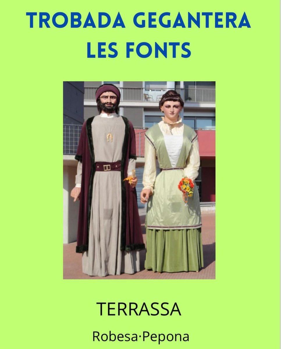 Avui us presentem la primera colla. Estem molt contents de rebre de nou als nostres padrins, el grup de Geganters de Terrassa. En aquesta ocasió, ens visitaran amb els GEGANTS VELLS!! En Robesa i na Pepona. Ens fa molta il·lusió poder comptar amb ells, ens veiem el 3 de març!!