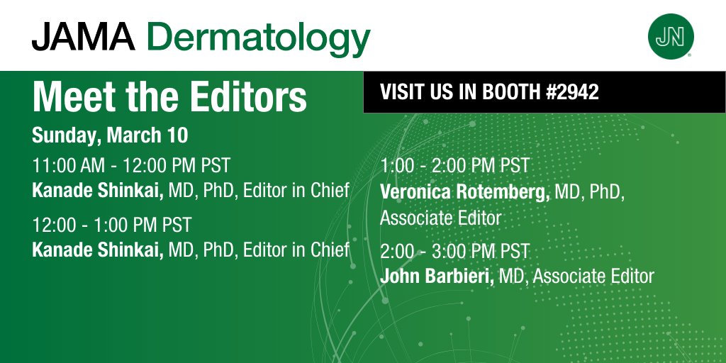 JAMADerm's tweet image. Meet the JAMA Dermatology editors today at #AAD2024. 11am-3pm, booth 2942 in the exhibit hall. Discuss your research and publishing with the JAMA Network. With editors @KanadeShinkai, @Dr_vron, and @DrJohnBarbieri