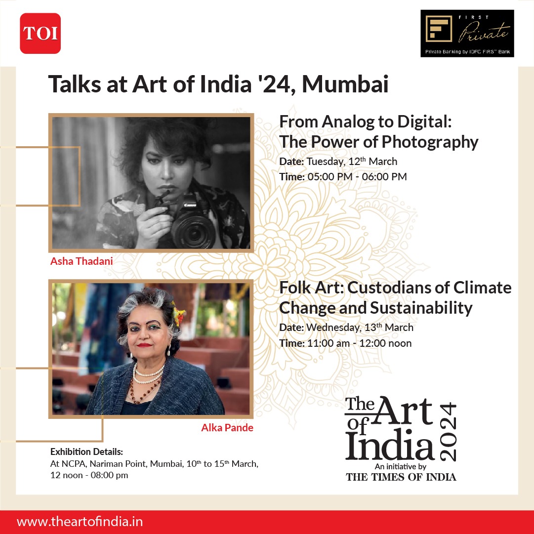 Discover the transformative power of photography and the cultural significance of folk art in two captivating sessions led by Asha Thadani and Alka Pande. Don't miss out—register now at the Enquiries' Desk! 

#TheArtOfIndia2024 #TheArtOfIndia #TOI #TOITheArtOfIndia #IndianArt