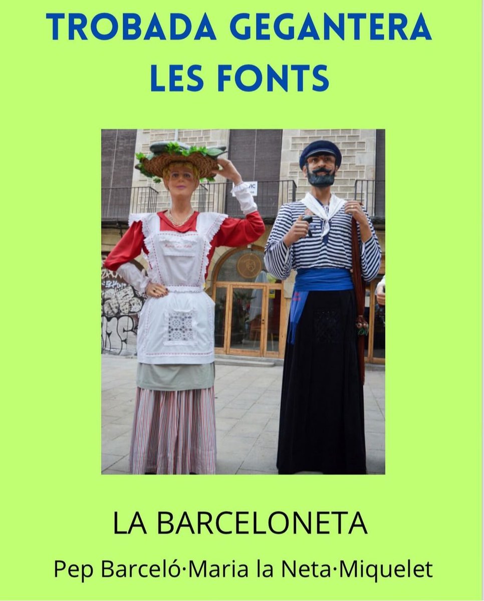 Seguim per Barcelona, avui presentem la sisena colla, ells són els Gegants de la Barceloneta!! Ens visitaran amb el Pep Barceló i la Maria la Neta. Seran acompanyats pel Miquelet. Quines ganes de veure-us a Les Fonts companys de la Barceloneta !!!
