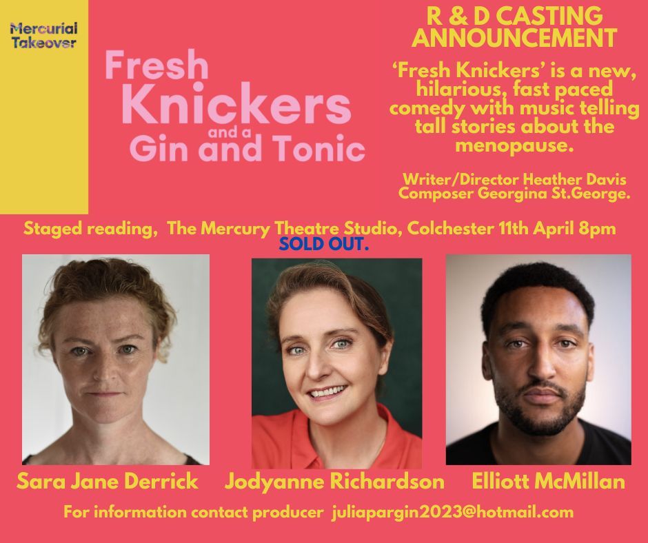Fresh Knickers and a Gin and Tonic is a hilarious fast-paced comedy. Part of our Mercurial Takeover and now sold out, join our waiting list via our Box Office or check out our other great shows. The cast is comprised of Sara Jane Derrick, Jodyanne Richardson and Elliott McMillan.