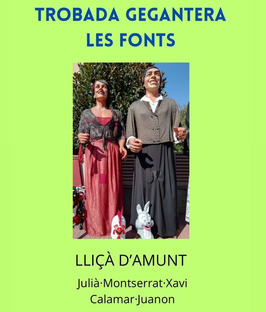 Avui us presentem els següents convidats, els gegants de Lliçà d’Amunt. Ens visitaran amb el Julià i la Montserrat. Seran acompanyats per en Xavi Calamr i pel Juanon. Ens veiem en una setmana justa amics del Vallès Oriental!!