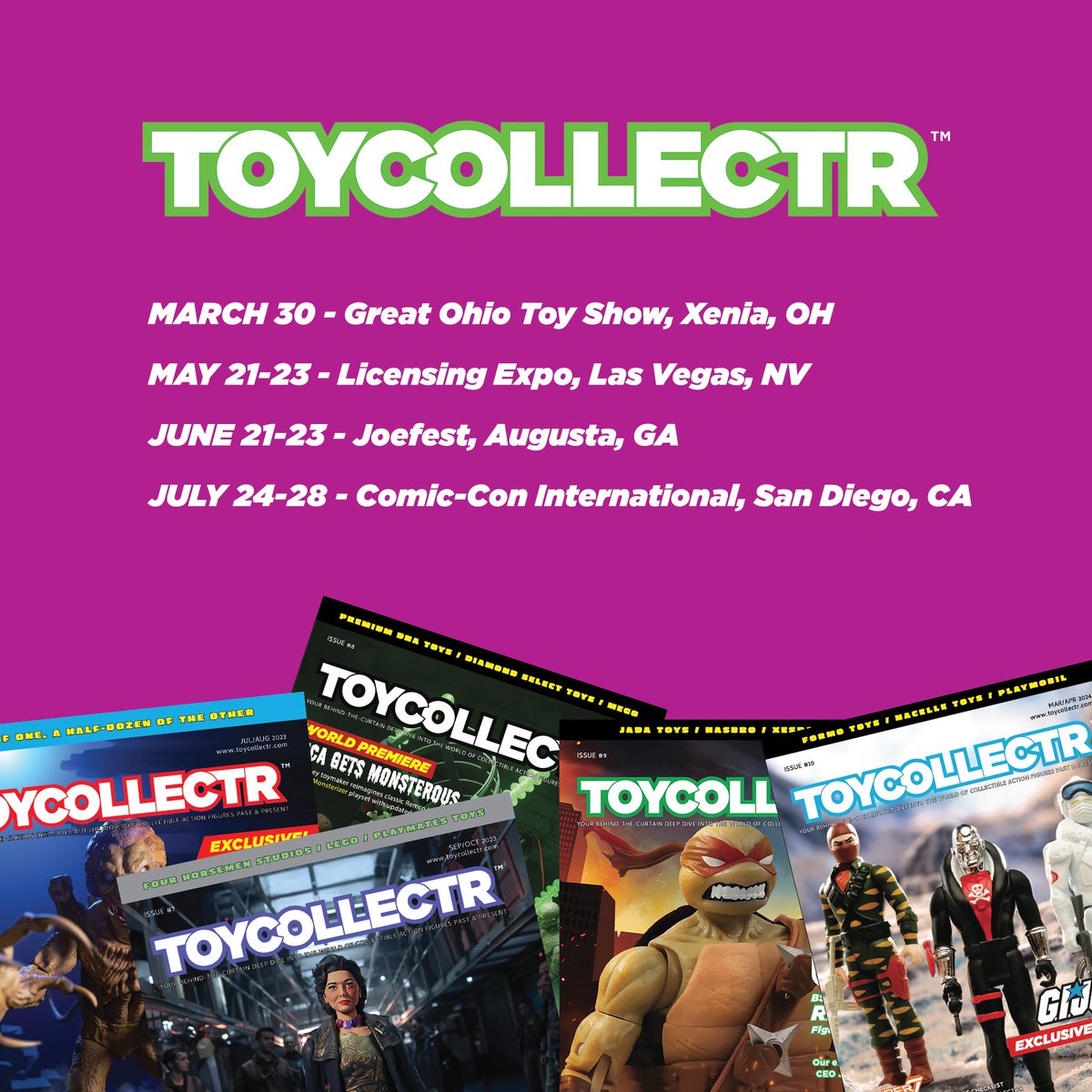 Here is where we will be (confirmed) through July this year. Have a show you'd like @ToycollectrMag to attend? Let us know! #toycollecting #toyshows #tradeshows #actionfigures