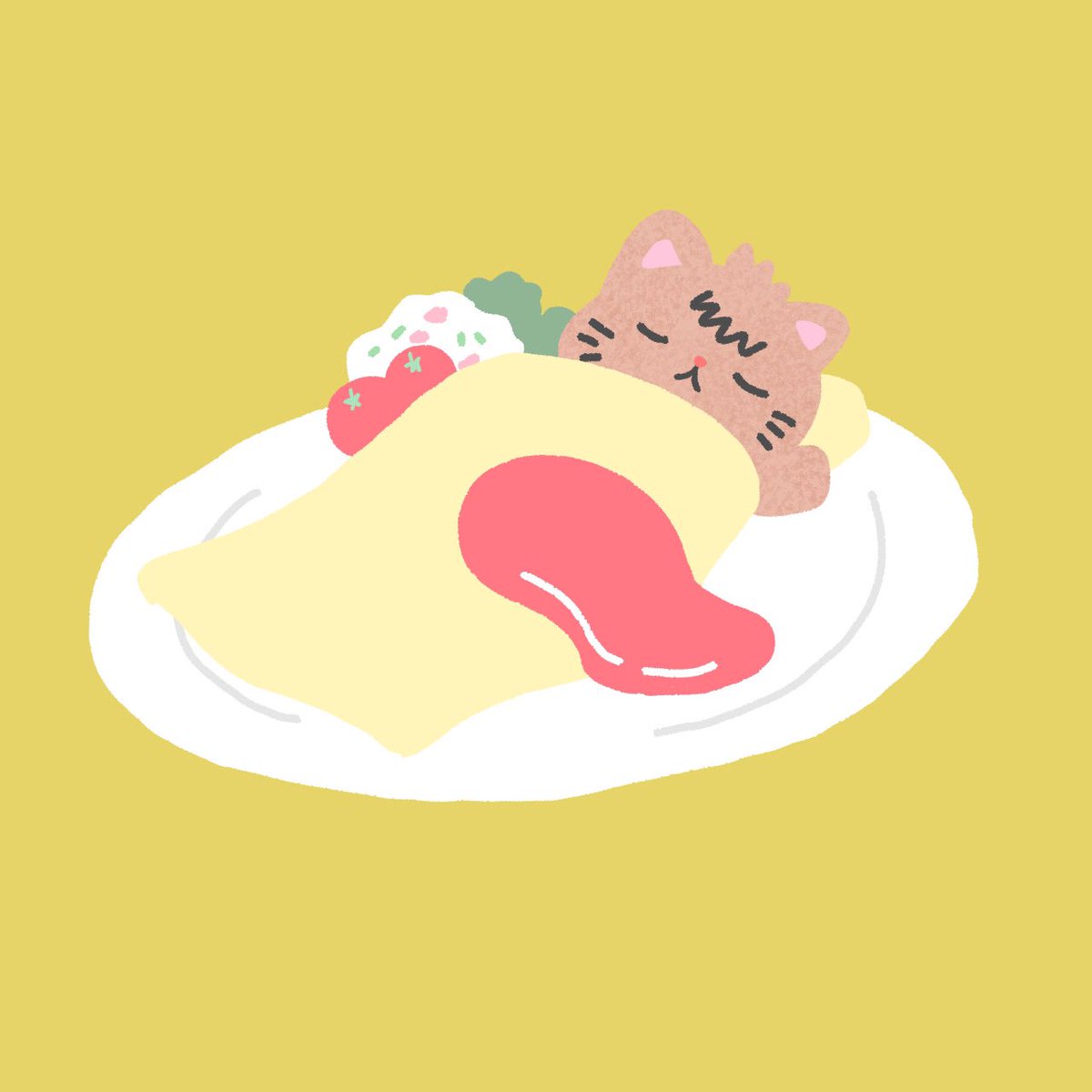 no humans cat food omurice simple background plate yellow background  illustration images