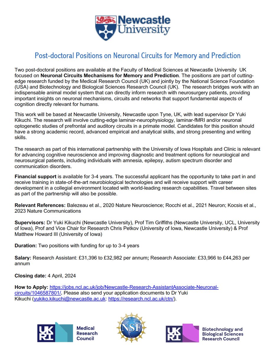 #HIRINGNOW  Postdoc Positions in Auditory Memory and Prediction. Please share this opportunity with anyone who might be interested. #postdoc Closing Date: 4 April 2023. Please apply from the following link: jobs.ncl.ac.uk/job/Newcastle-…