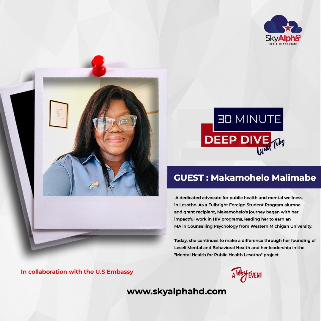 Thrilled to host Makamohelo Malimabe on The 30 Minute Deep Dive with @Mathobatsi! From HIV counseling to founding Leseli Mental Health in Lesotho, her story is a beacon of hope. 🌟 Catch us on @SkyAlpha_HD, Tues & Thurs, in collaboration with the @USEmbassyMaseru & ATobyEvent.