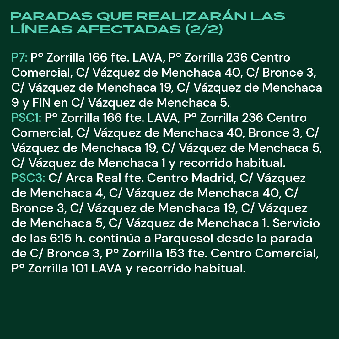 ⛔ Se mantiene el corte total de la #AvenidaNorteDeCastilla por obras 🚌 Líneas afectadas: P1, P2, P6, P7, PSC1 y PSC3 🚏 Consulta las paradas que realiza cada una de las líneas afectadas en las imágenes: