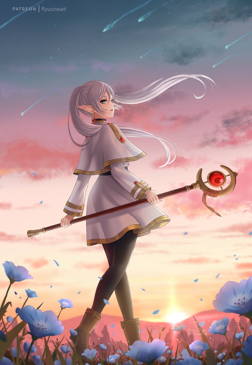 frieren 1girl pantyhose solo pointy ears flower staff long hair  illustration images