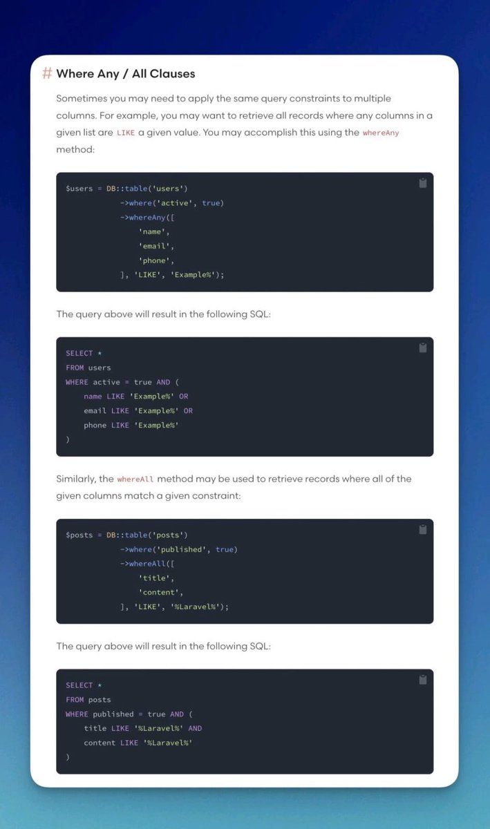 Laravel WhereAll and  whereAny clauses....

#LearnInPublic #sharenow #laravel #backend #php #webdevelopment