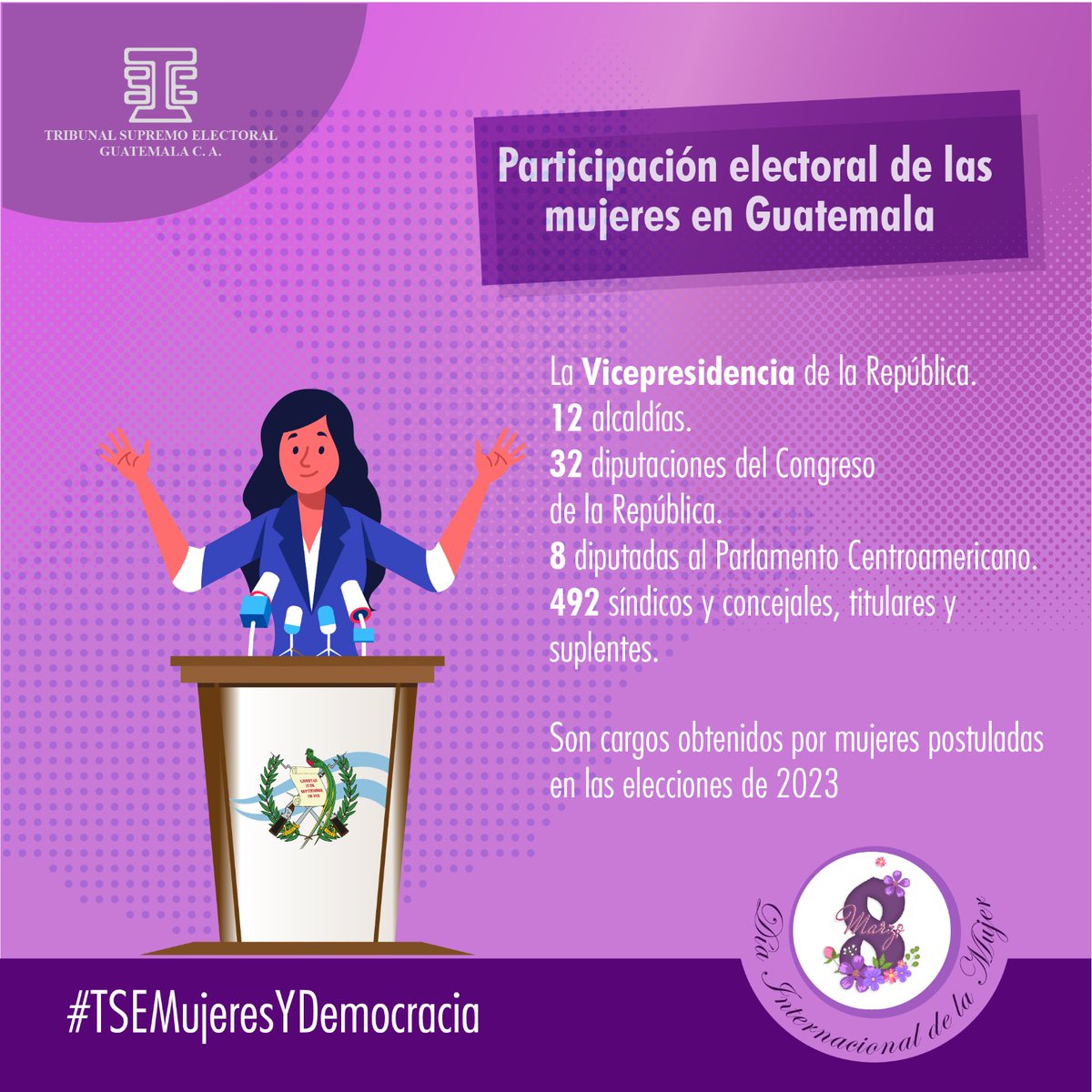 El TSE promueve la participación política en igualdad de condiciones entre hombres y mujeres.

 #TSEMujeresYDemocracia #DíaDeLasMujeres #8M