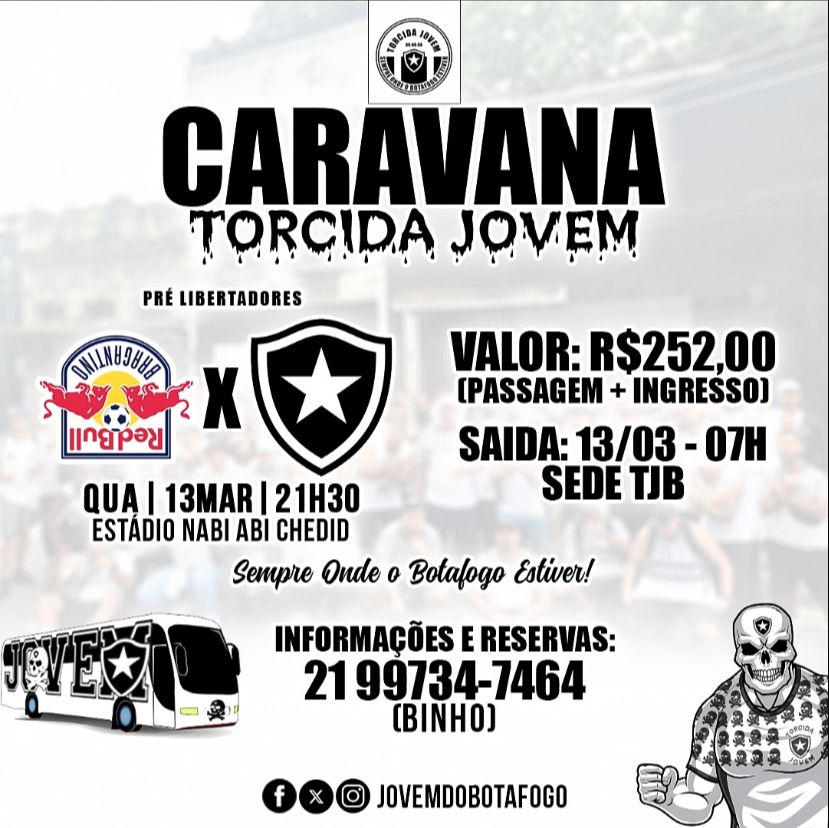 Bora partir em busca da classificação?
Vem fechar com a caravana da mais tradicional do <a href="/botafogo/">Botafogo F.R.</a> !

<a href="/jovemdobotafogo/">TJB - Torcida Jovem</a> 🤍🖤☠️