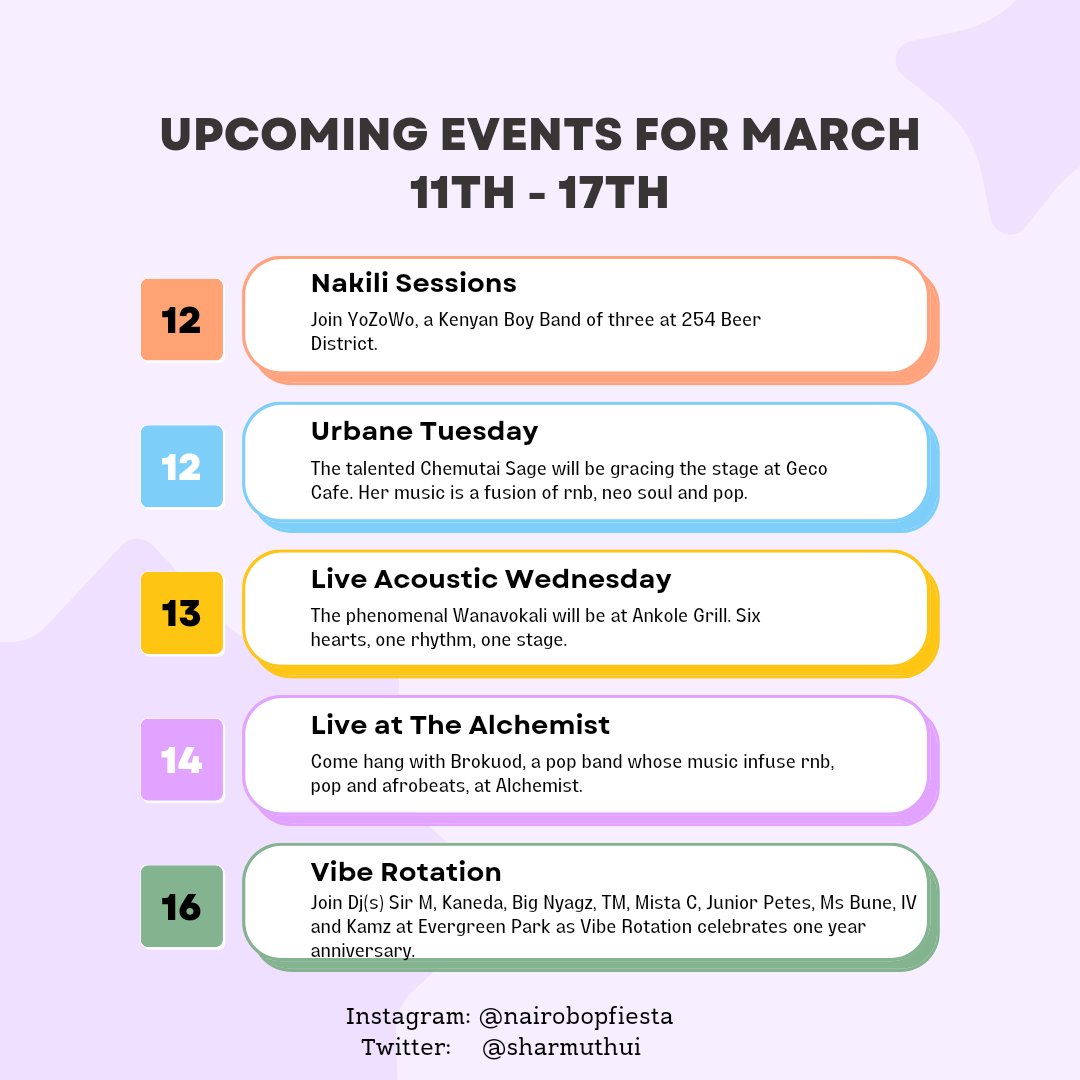 Event calendar for the upcoming week. 
I hope this helps you find something fun to do this week ✨

Note: All events are free entry apart from Vibe Rotation. Vibe Rotation is KSHS 1,500 (advance) and KSHS 2,000 for gate tickets. Tickets are available on Hustlesasa.