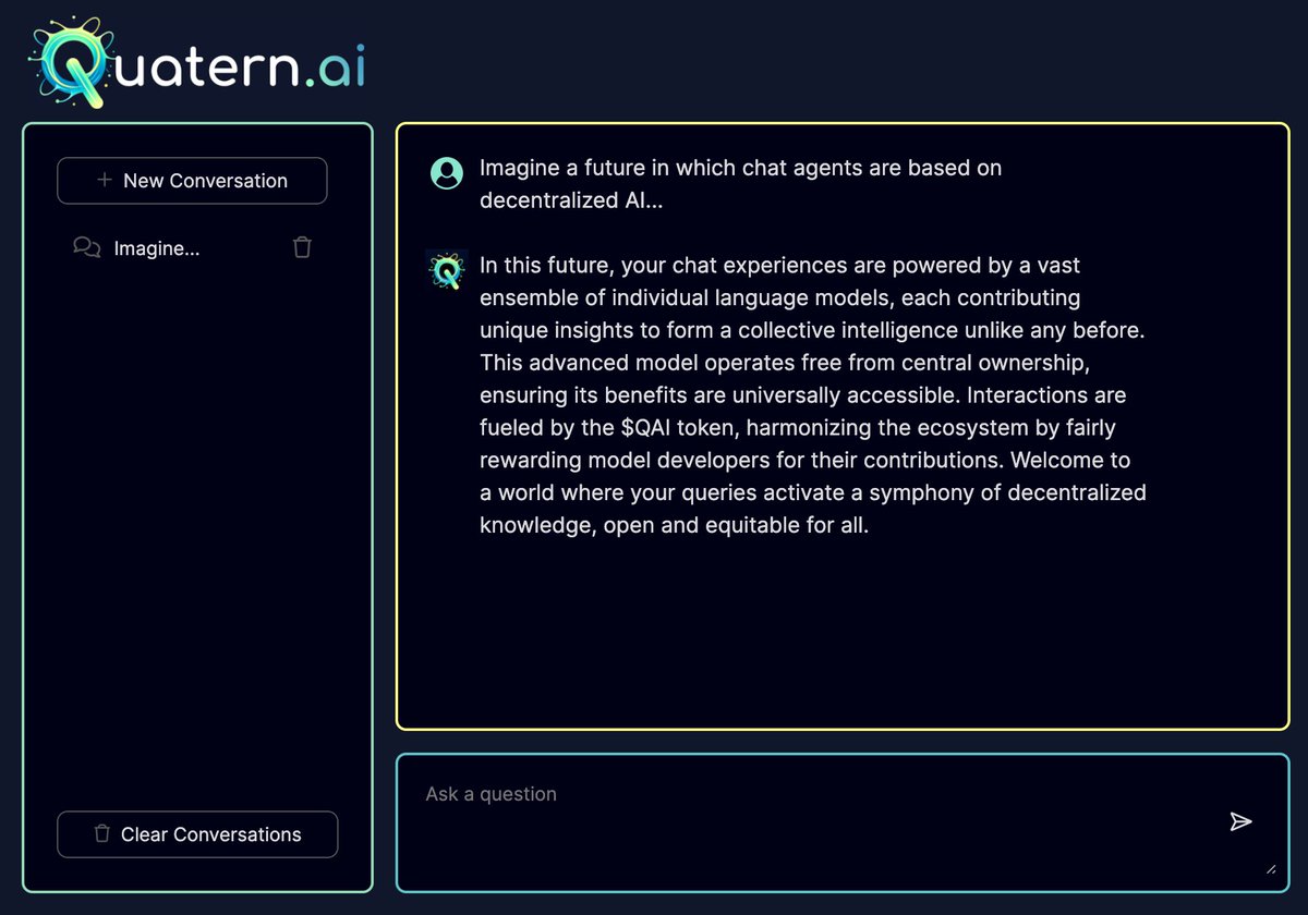 quatern_ai's tweet photo. Imagine a future in which our chat agents run on decentralized #AI, powered by #Cardano -- with https://t.co/EwvdxYH6J2 this future is near.

Language models are only one application of our decentralized AI protocol, stay tuned for more sneak peaks into our development soon... 👀