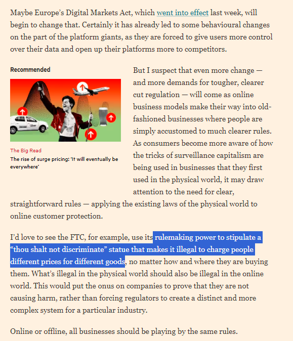 LilAphasia's tweet image. Regulators are beginning to take on the messy world of #algorithmicPricing. 
@FTC has alleged in a recent case against #Amazon that Amazon earned $1bn from the use of a secret pricing algorithm that kept markets in various products artificially high.
#DMA #surveillanceCapitalism