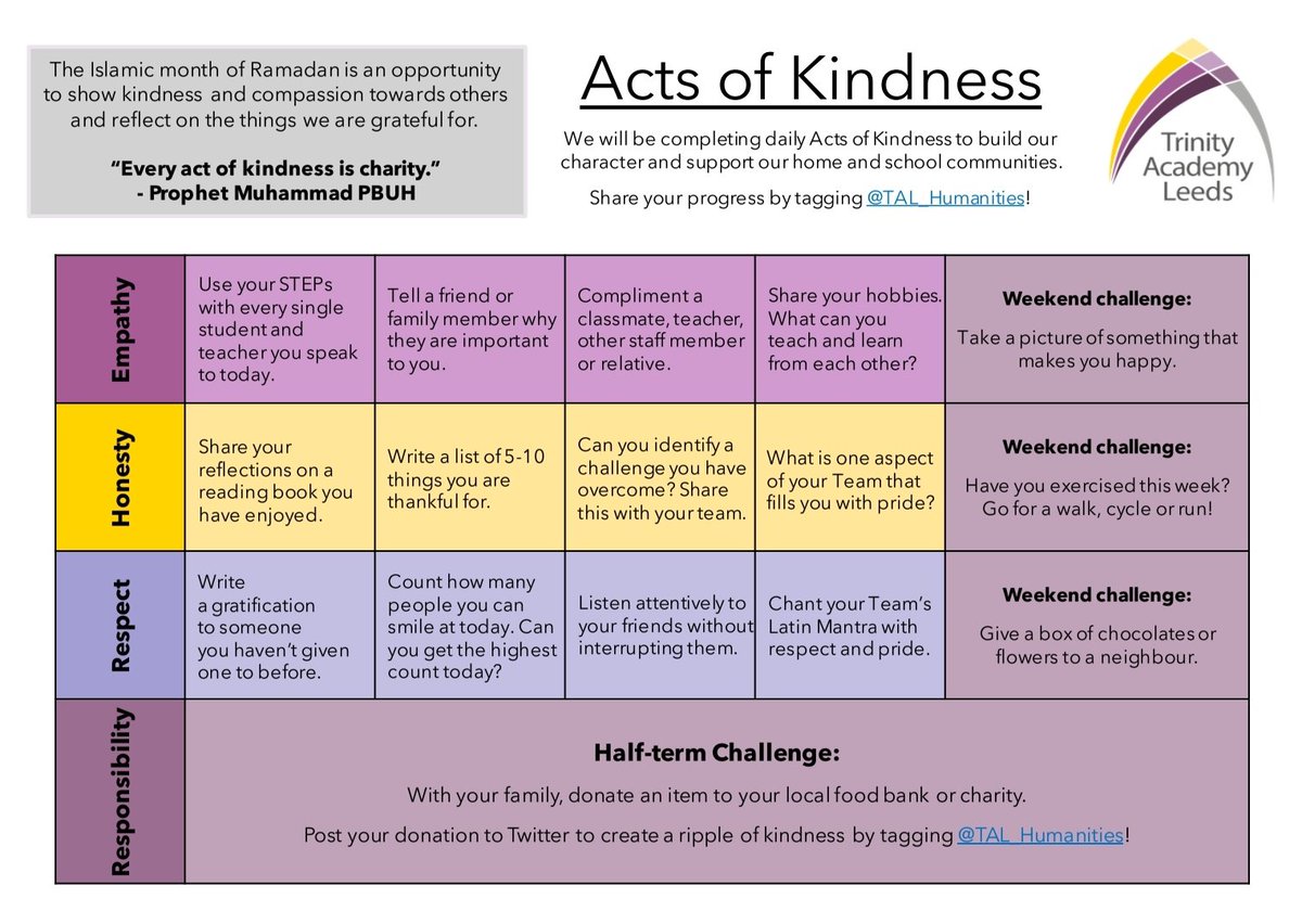 Since Ramadan is a month of mercy and gratitude, all students will be taking part in our daily Acts of Kindness! 

A new addition from last year is our weekend challenges. We can't wait to see our Purple Stars shine bright in their communities 😍💜🌟