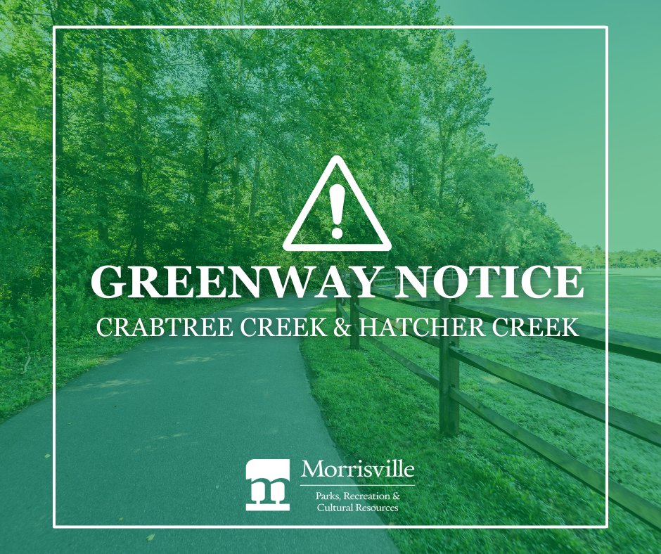 Maintenance will be taking place on Crabtree Creek Greenway and Hatcher Creek Greenway from March 11-13. Expect potential temporary delays as equipment will be in use on the paths. Greenway users may be guided by an operator to facilitate pass-throughs.