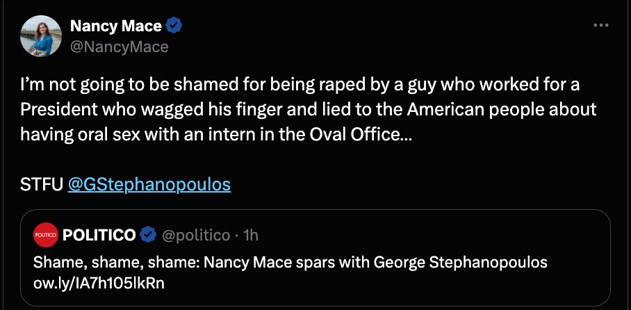 Nancy Mace is angry that George Stephanopoulos asked her how she could support a rapist for president who supports the culture of silence, when she is a rape survivor who has spoken out against the culture of silence. Unable to adequately respond to the question, she says 'STFU'…