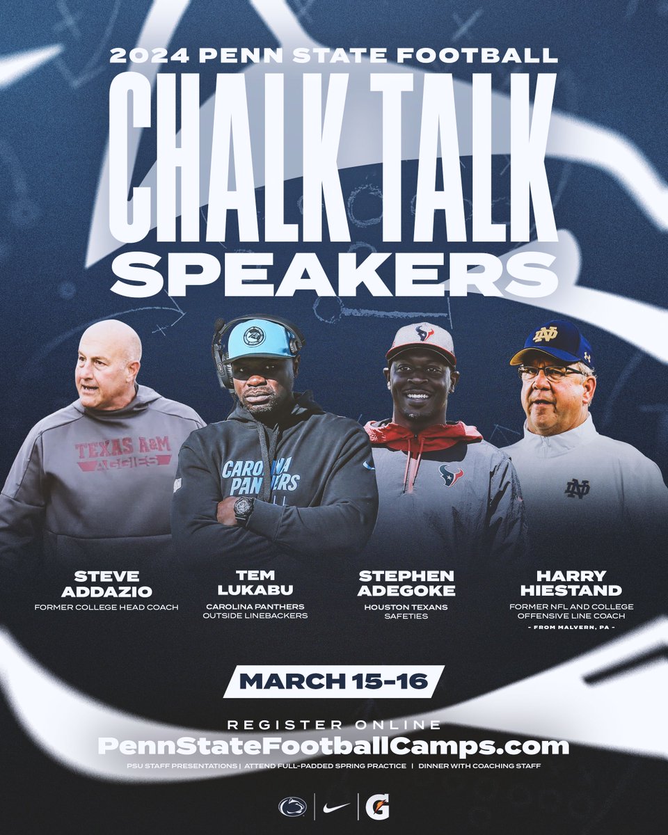 Our 2024 Chalk Talk speakers are set! Fellow coaches/staffs, join us in Happy Valley: ▫️ Guest Speakers ▫️ Penn State Staff Positional Presentations ▫️ Attend Full-Padded Spring Practice ▫️ Enjoy Dinner w/ Coaching Staff Register → bit.ly/PSU-ChalkTalk-…