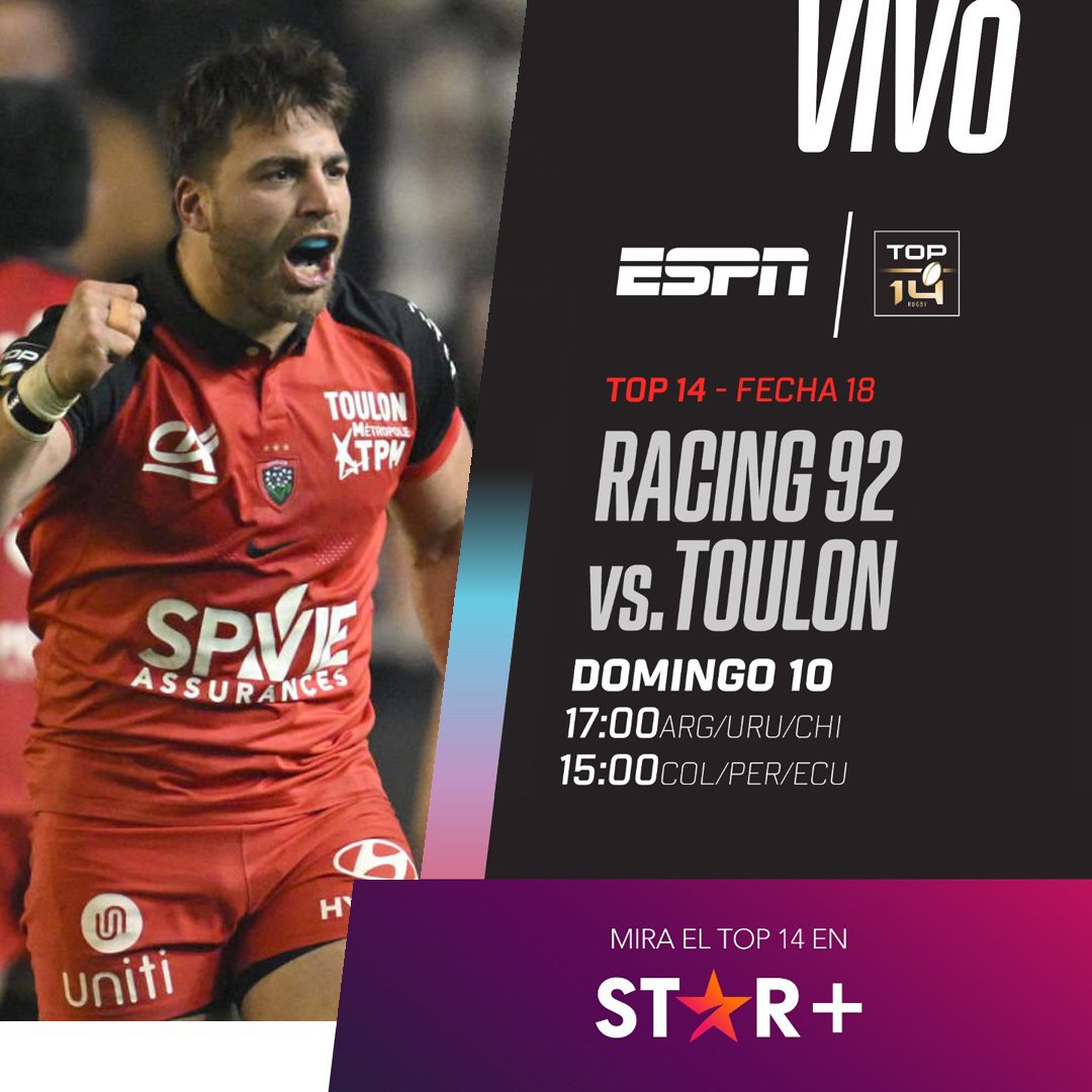 #TOP14 | Domingo 17:00 (ARG) con @EstebanLasala hacemos #Racing92 vs #Toulon a través de #ESPNenStarPlus! También disponible en ESPN 3. 🏉⭐