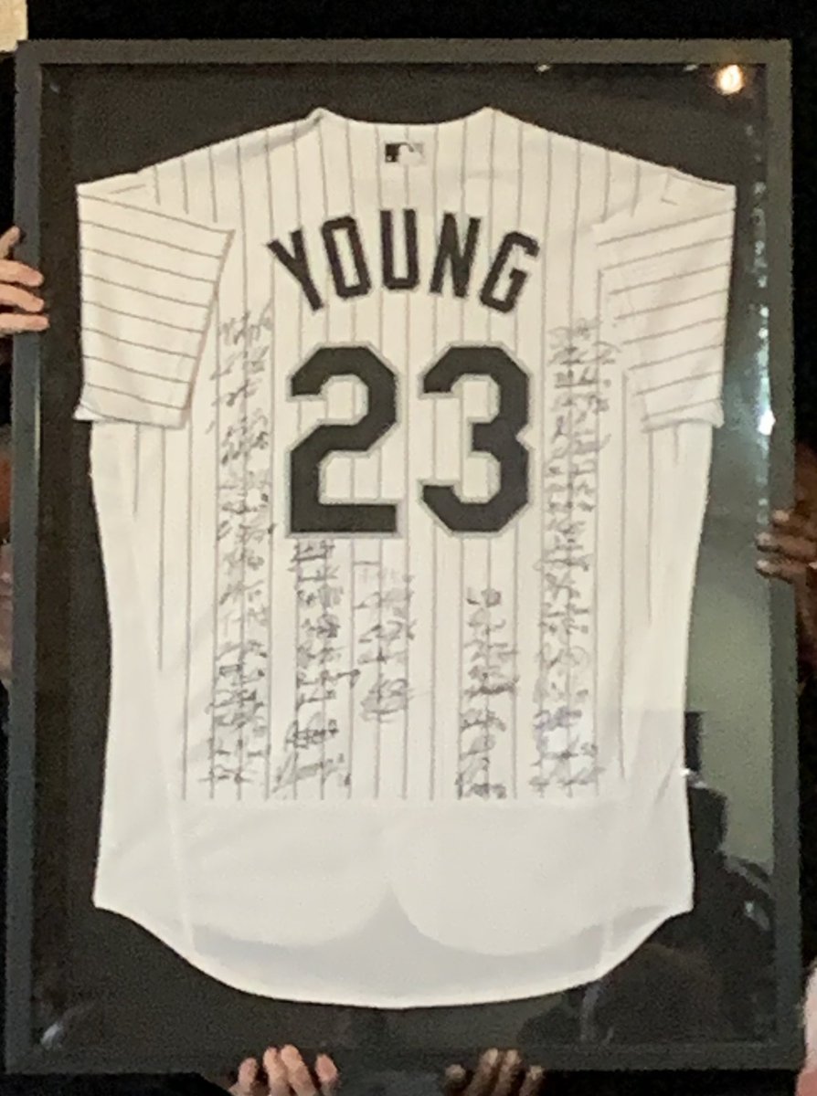 MDGonzales's tweet photo. Touching tribute last night as a Celebration of Life was held for @whitesox scout Bill “Yogi” Young. Dan Fabian and Joe Butler presented framed jerseys with signatures of Sox players to Yogi’s widow and daughter. No. 23 represents Yogi’s years with Sox. https://t.co/4vJv9F4eTW