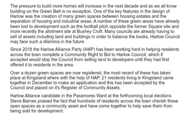 The Harlow Alliance Party assist Harlow residents to complete  Community Right to Bids to Harlow Council for open spaces as community assets.
#localelections #2ndMay2024