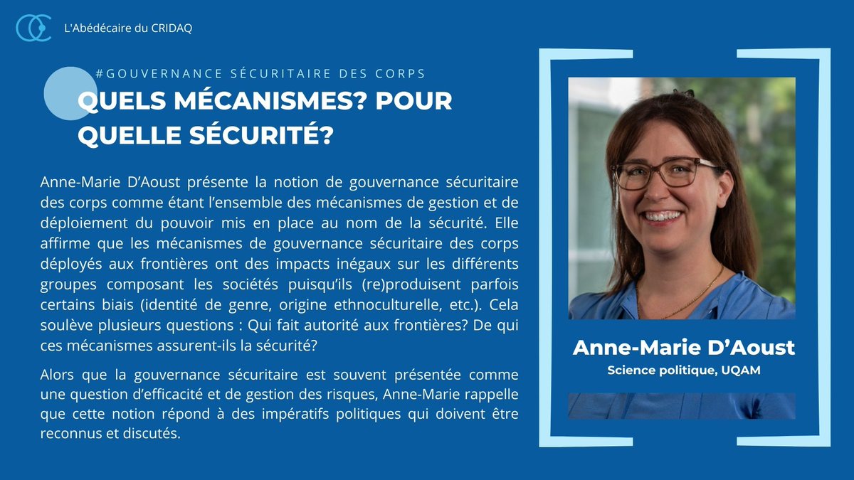 [Sur votre écran] Abécédaire du #CRIDAQ : La gouvernance sécuritaire des corps 🎥 👉 youtube.com/watch?v=_SSh_x… @Pol_droit_UQAM @SciencePo_UQAM @FRQSC @rechercheUQAM @irefUQAM @Justiceetfoi @IEIMuqam