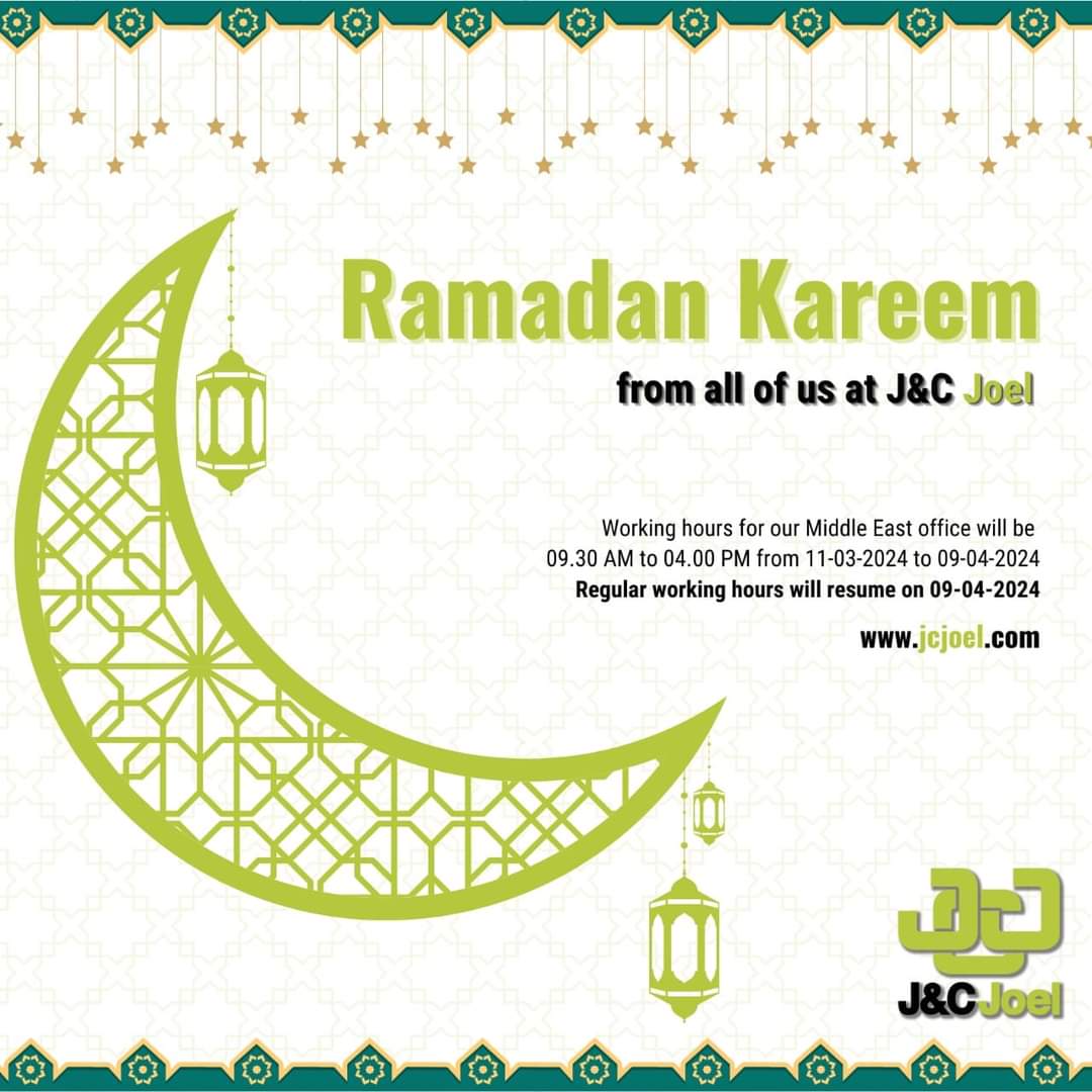 ✨ Ramadan Kareem from all of us at J&C Joel! ✨ During the month of Ramadan, our Middle East office will observe adjusted working hours, from 09:30 AM to 04:00 PM, starting from 11-03-2024 until 09-04-2024. Regular working hours will resume on 09-04-2024. #RamadanKareem #JCJoel