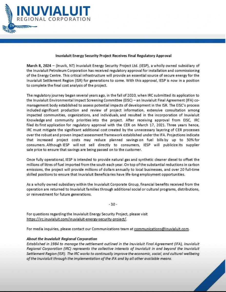 Inuvialuit energy security project approved:
- Inuvialuit own the natural gas
- Inuvialuit company is doing the engineering and design. 
- Inuvialuit are making the Final Investment Decision. 
- Inuvialuit own 100% of the project.
-Reduces diesel imports and associated costs