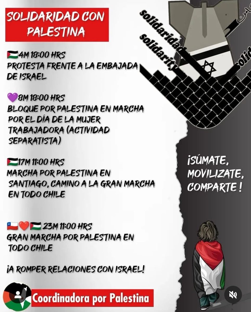Comparto con ustedes las fechas de las próximas convocatorias en solidaridad con Palestina y contra el genocidio nazi-sionista en curso. Nos vemos camino a la Gran Marcha #finalgenocidio