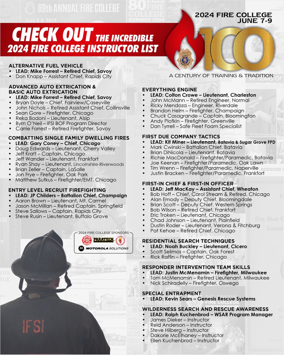 Check this out! There is an incredible line-up of dedicated and experienced fire service professionals from across the Midwest teaching at Fire College. #weareifsi #100yearsIFSI