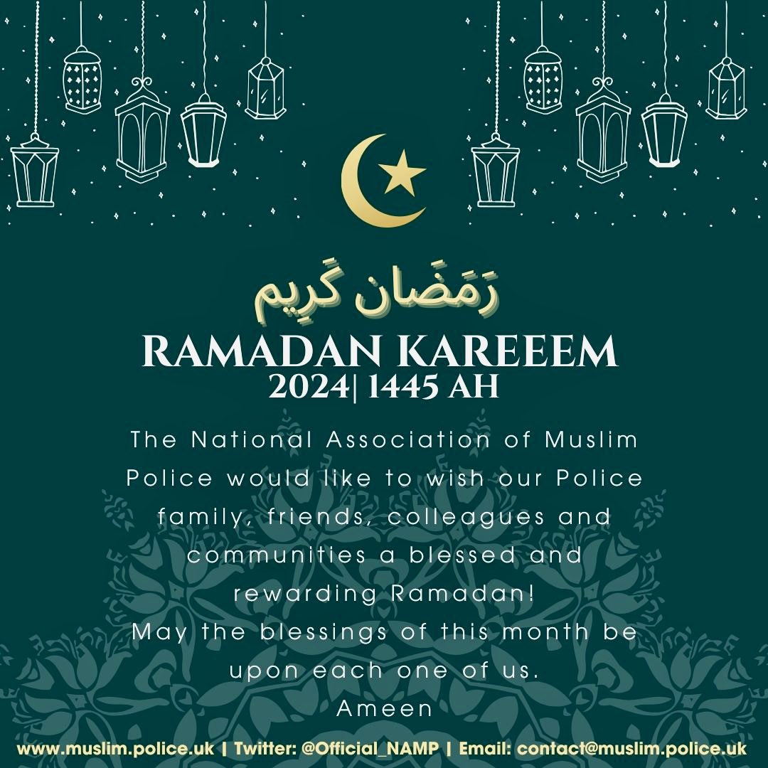 The National Association of Muslim Police would like to wish our Muslim family, friends, colleagues, partners and communities a blessed and prosperous Ramadan! ✨ #RamadanKareem  #Ramadan2024 #RamadanMubarak1445H