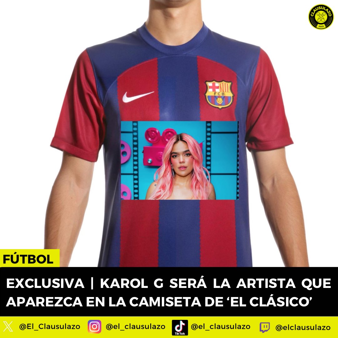 💣 𝐄𝐗𝐂𝐋𝐔𝐒𝐈𝐕𝐀 𝐄𝐋 𝐂𝐋𝐀𝐔𝐒𝐔𝐋𝐀𝐙𝐎

🌸 <a href="/karolg/">LABICHOTA</a> será la artista que aparezca en la camiseta especial de “El Clásico”.

💰 Recordermos que se debe al acuerdo de patrocinio entre <a href="/Spotify/">Spotify</a> y el <a href="/FCBarcelona/">FC Barcelona</a> .

🎤 La Bichota se suma a Drake, Rosalía y los Rolling Stones.