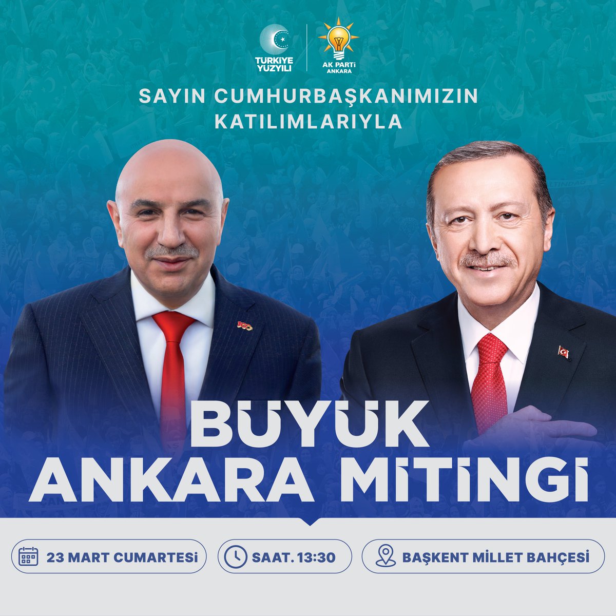 Cumhurbaşkanımız Sayın @RTErdogan Büyük Ankara Mitingi'nde Ankaralı hemşehrilerimiz ile buluşuyor! Milli mücadelenin karargâhı Ankara @turgutaltinok06 ile #GerçekBelediyecilik'e kavuşuyor! 🗓23 Mart Cumartesi 🕒13:30 📍Başkent Millet Bahçesi