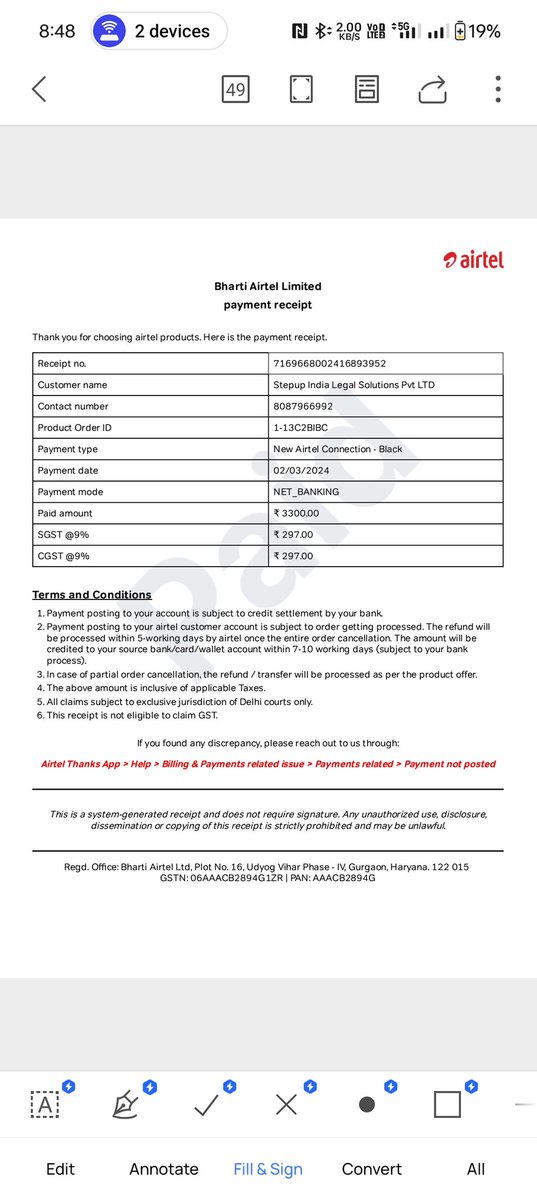 ChandanTodi's tweet photo. @Airtel_Presence @Airtel_Presence  details of payment and order of for the same is attached below https://t.co/DRoGcIqLIX