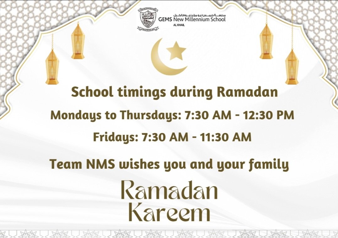 With the official confirmation in observance of Ramadan starting tomorrow, Monday 11th March 2024, the revised school timings.
Mondays to Thursdays: 7:30 AM - 12:30 PM
Fridays: 7:30 AM - 11:30 AM
#RamadanKareem