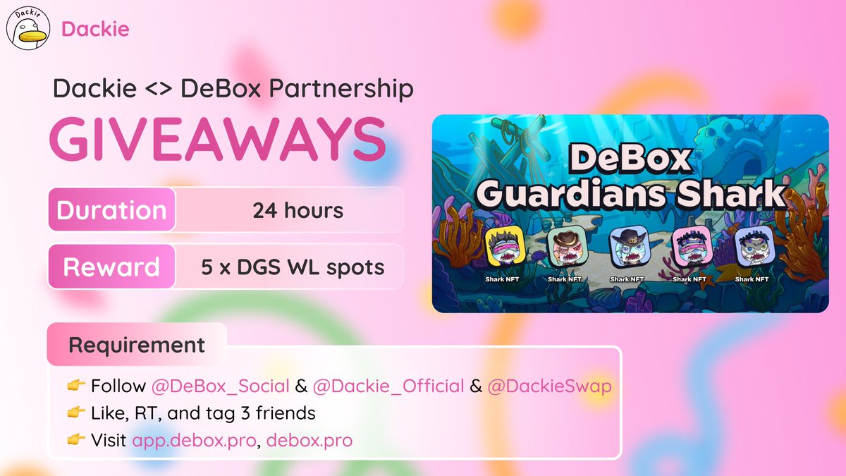 ItsDackie's tweet photo. To celebrate the partnership, Dackie launch a @Galxe campaign to find 5 lucky winners who will receive:

🚀 5 x DGS WL spots (previous NFT phases surged up to 1000x)
Task:
1️⃣ Follow @DeBox_Social @Dackie_Official @DackieSwap
2️⃣ Like, RT, and tag 3 friends
3️⃣ Visit https://t.co/e5Tp8vmypX, https://t.co/yJSK8t7pMO
⏰ Duration: 24hrs
✅ Eligible: #DackieOnBase NFT holders (Snapshot 2024/03/10)

Join here 👉 https://t.co/n1It9hh46g
#Dackie #DeBox #SocialFi