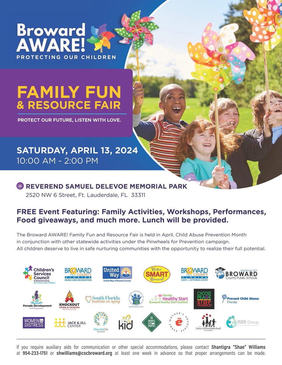 CSCBroward's tweet photo. 🎉 Join us for the Broward AWARE! Family Fun and Resource Fair at Rev. Samuel Delevoe Park on April 13th, 10am-2pm! Free family activities, workshops, food, and more! Don't miss out!
#BrowardAWARE #FamilyFunFair #ProtectingOurChildren https://t.co/mWP23wFuZi