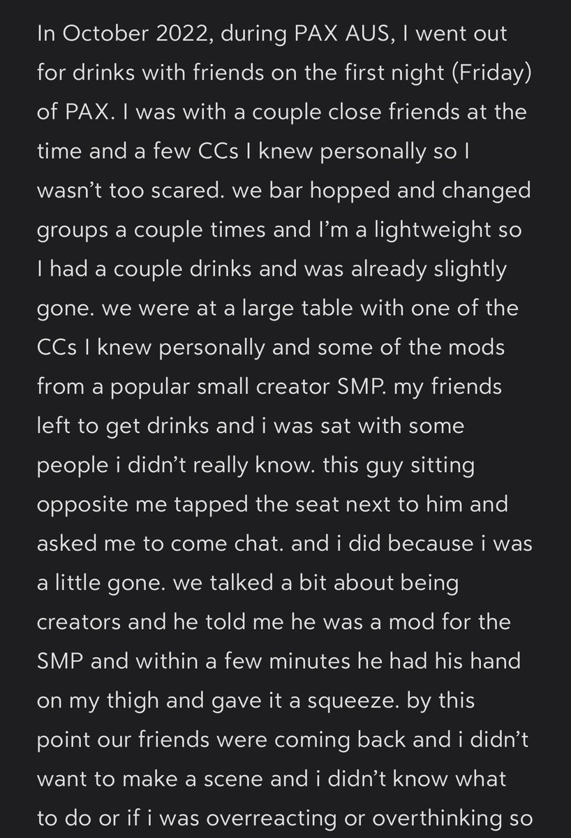 coowbee's tweet image. TW// groping
i’m not gonna say his name and i have my reasons for that but this is my experience with an aus male CC who i know as of april 2023 is still trying to take advantage of drunk girls after conventions any chance he gets 

stay safe out there.
