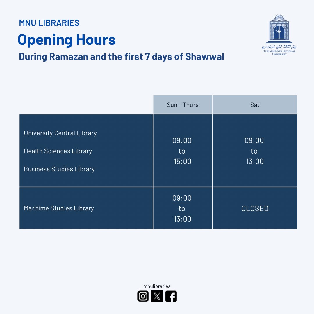 🌙🕒 During the holy month of Ramazan and the first 7 days of Shawwal, we have made adjustments to our opening hours. 

You can return books through the drop box at any time📥 

Additionally, you can renew books using our mobile app. 📱

Wishing you a blessed Ramazan and Shawwal