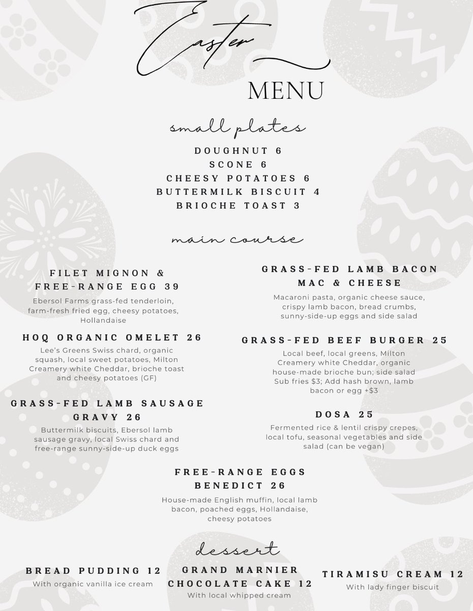 Easter Brunch Menu! Make your reservation at hoqtable.com or call 515-244-1213!! #dsm #easterbrunch #farmtotable #catchdsm #iowa