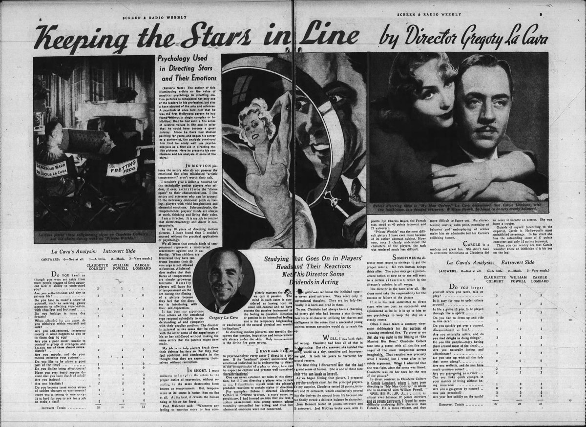 CColbertarchive's tweet photo. Here's a very interesting article that Gregory La Cava wrote, where he explained how he directs his stars. He also made psycho-analysis chart of Claudette, Carole Lombard and Bill Powell. 2/2 https://t.co/OnYZ06npMl