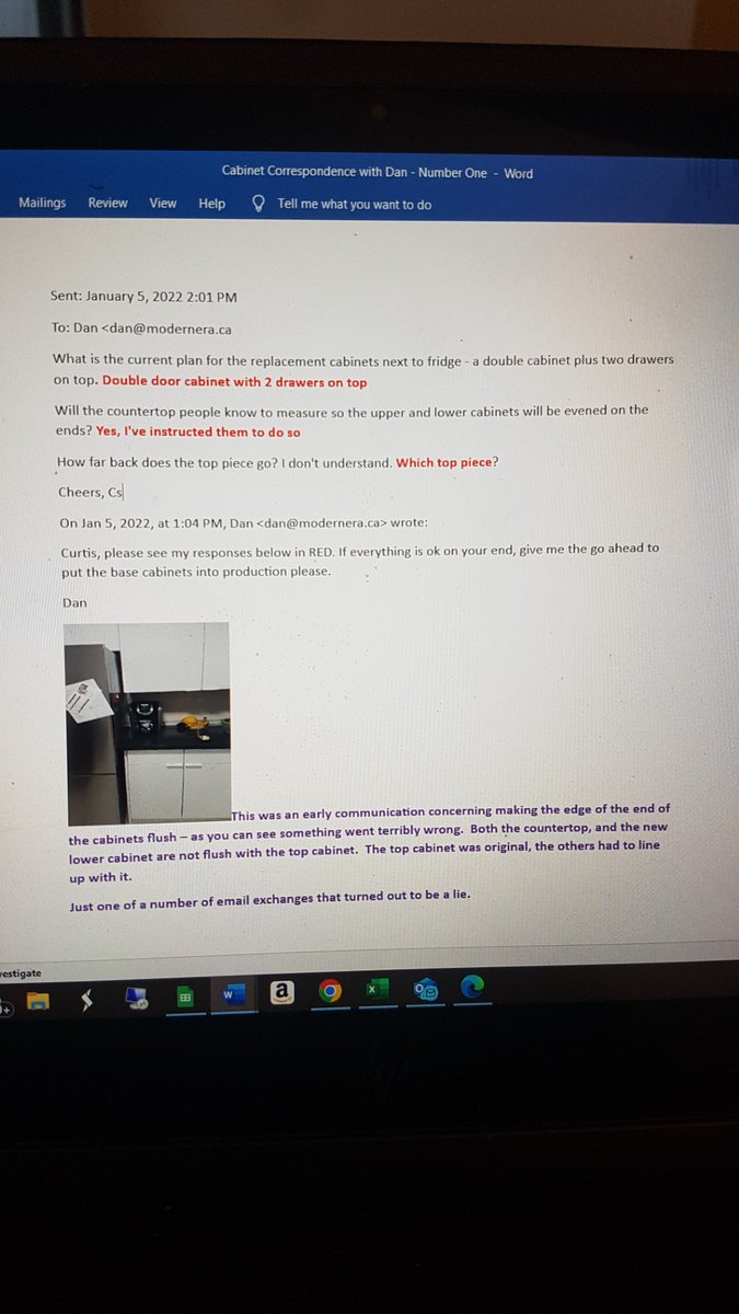 Hey <a href="/HomeDepot/">The Home Depot</a>, <a href="/HomeDepotCanada/">Home Depot Canada</a> &amp; <a href="/Renuit/">Renuit</a>. Last year I started telling the horror story  about my experience having cabinets refinished by <a href="/ModernEra/">ModernEra</a>. They keep telling me its wear and tear. Lets have a look at our correspondence. You may want to try <a href="/Lowes/">Lowe's</a>. #contractorscam