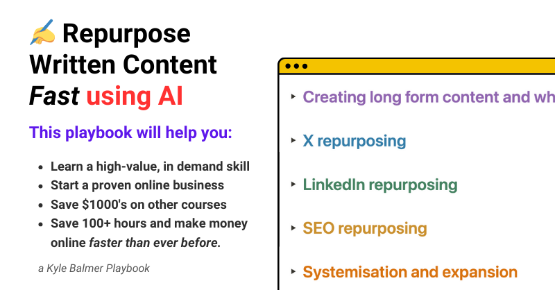 iamkylebalmer's tweet image. Turn articles -&amp;gt; LI posts
Turn newsletter -&amp;gt; tweets
Turn one post -&amp;gt; 20+ pieces of content

Perfect for digital writers.

That want more views, subscribers and $$$.

Want it free?

- *Must follow*
- Reply ‘content’

I’ll DM you a copy.