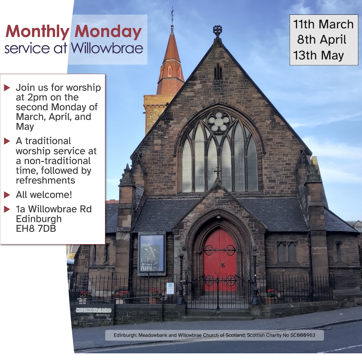MandWChurch's tweet photo. 📢Tomorrow we start our Monthly Monday services, at 2pm in our Willowbrae building 🎉

✝️All are welcome to join us in worship, with refreshments afterwards 🫖 https://t.co/Re2tuqPkcq