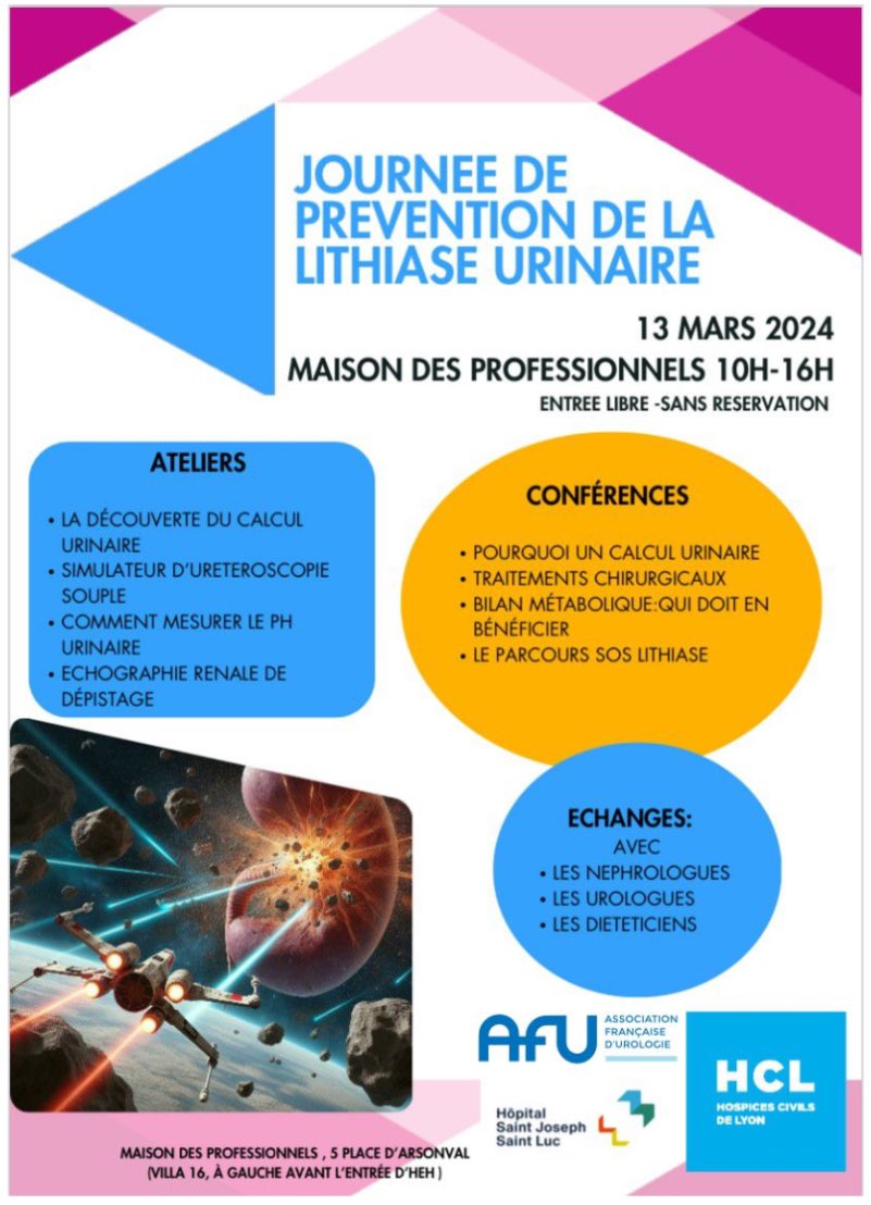 ⚡️J - 3️⃣⚡️ 🫘Journée d’#information et de #prévention sur les #calculs du rein🫘 Nombreux #ateliers et échanges avec les professionnels 📍Hôpital Edouard Herriot 📆13/03 @AFUrologie @CHUdeLyon #lithiase #Urologues #Néphrologues #diététiciennes