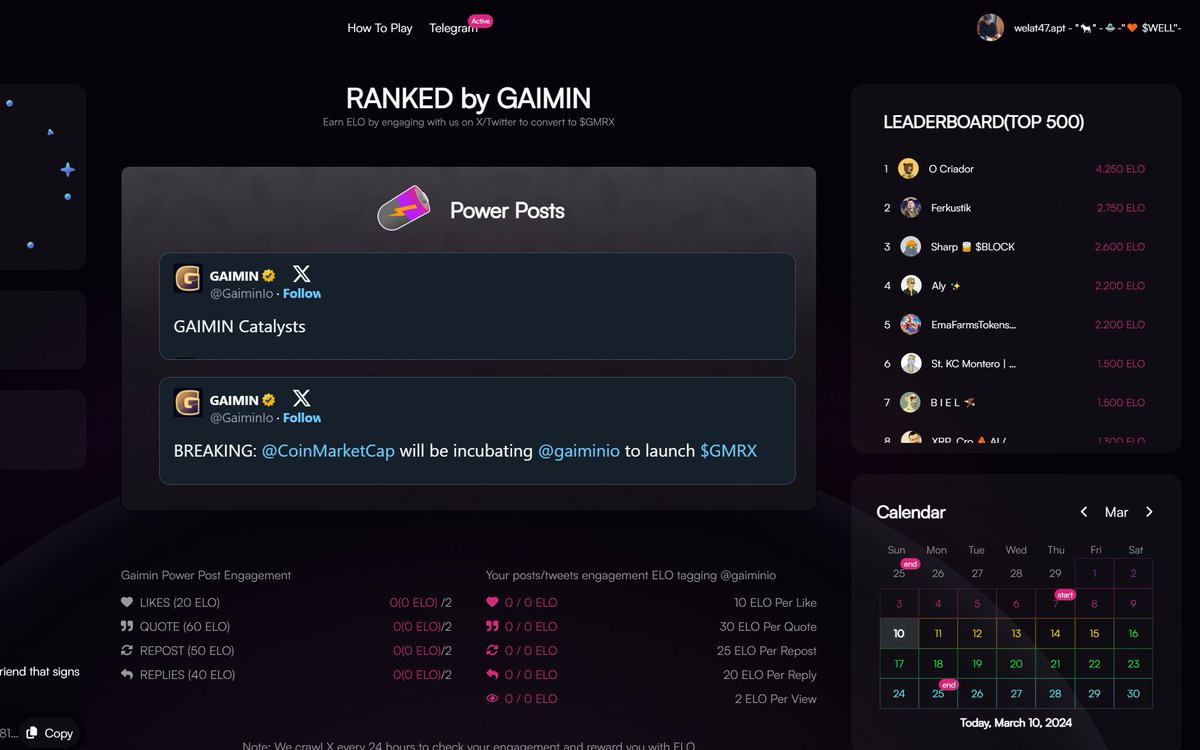 #GAIMIN AİRDORP

-Sadece twetlere $GMRX  kullanarak yorum yapma postları beğenme rtweet atma gibi sosyal görevler yaparak #ELO puan biriktireceksiniz..

-Power olan tweetleri mutlaka rtwet-beğeni-yorum yapmayı unutmayın

-Sürekli etkileşim halinde olun twetlerle